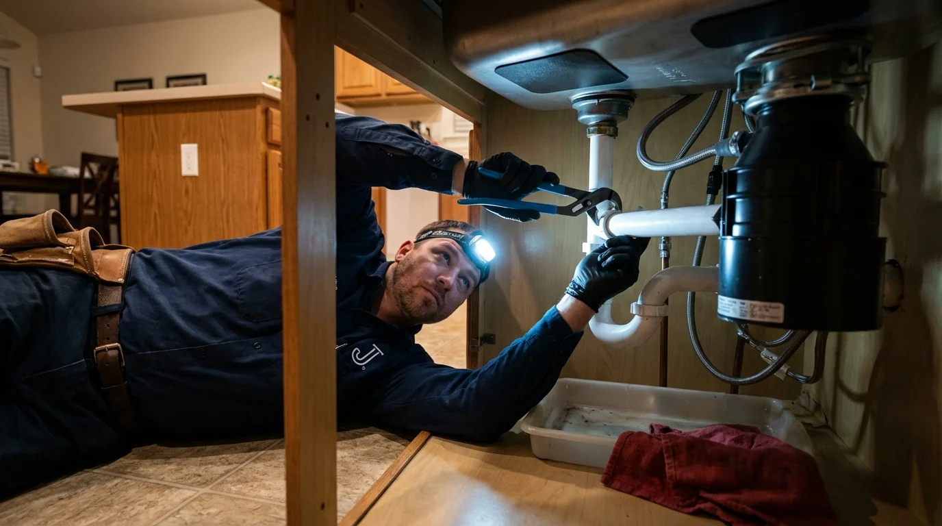 P-trap and supply line connections under a kitchen sink showing a common leak point in Gaston, NC